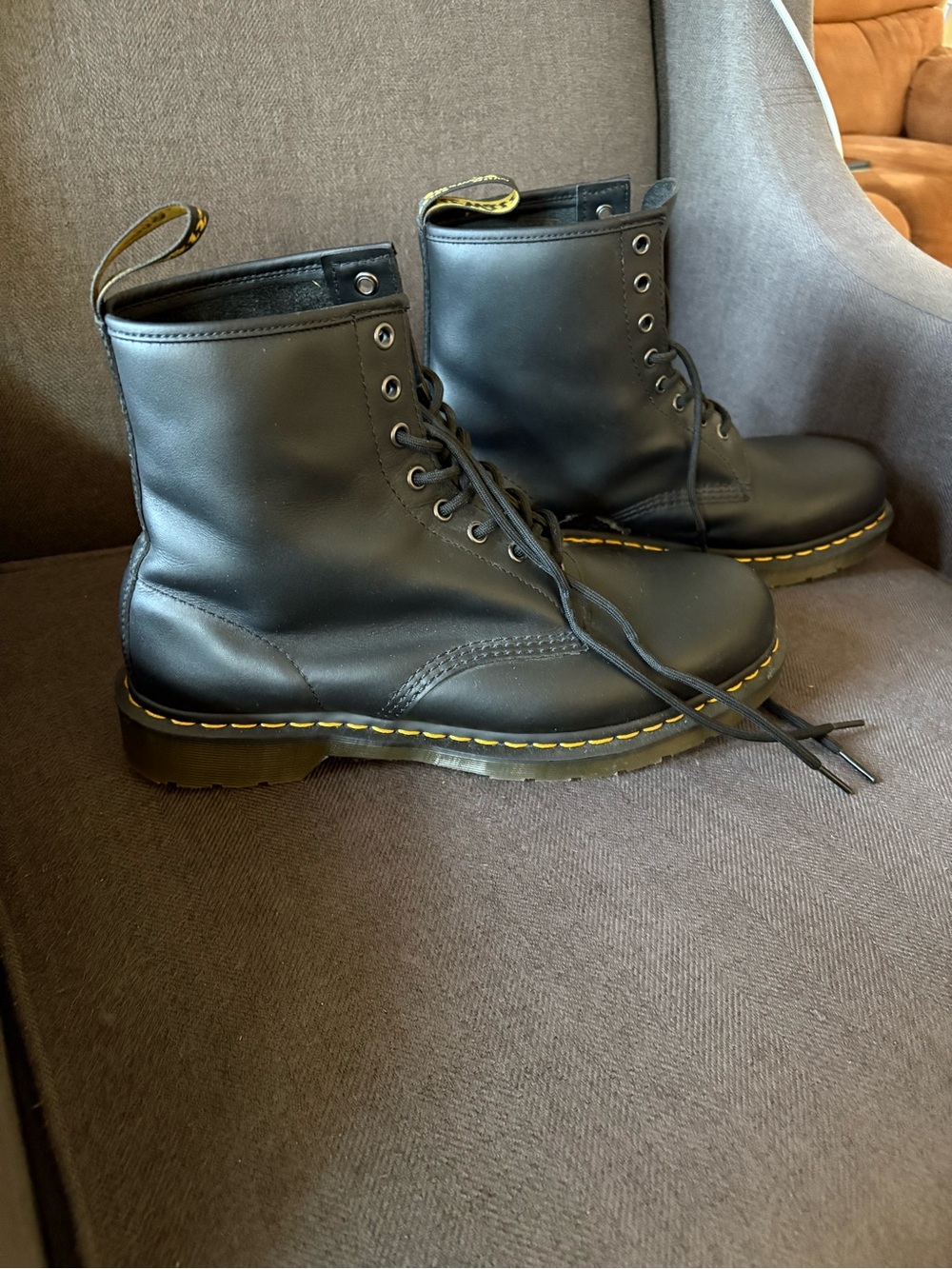 Men’s Dr. Martens Black Leather 8-Eye Lace-Up Boots with Yellow Stitching